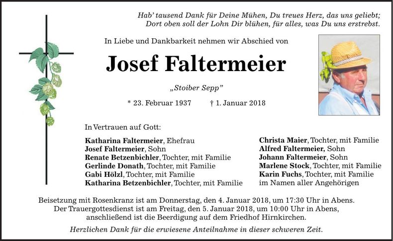 Traueranzeige Josef Faltermeier