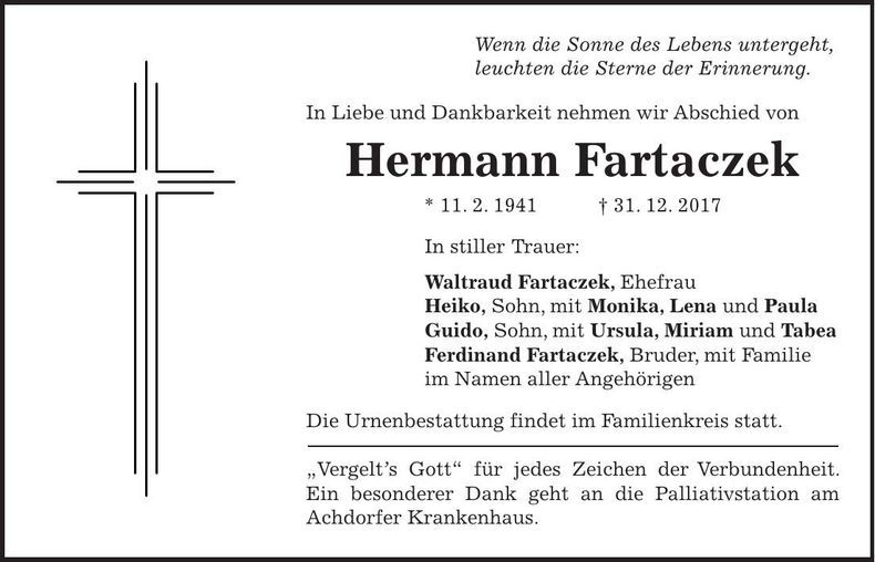 Traueranzeige Hermann Fartaczek