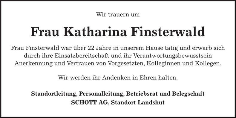 Traueranzeige Katharina Finsterwald