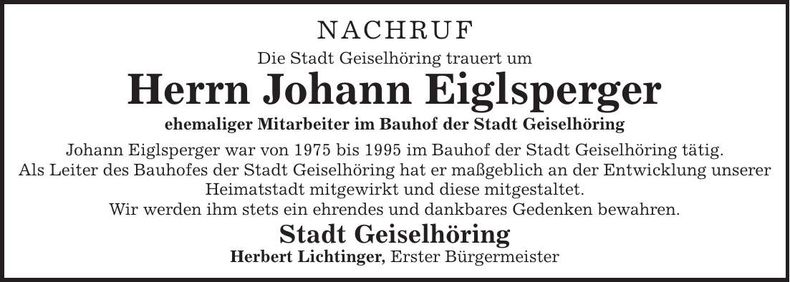 Traueranzeige Johann Eiglsperger