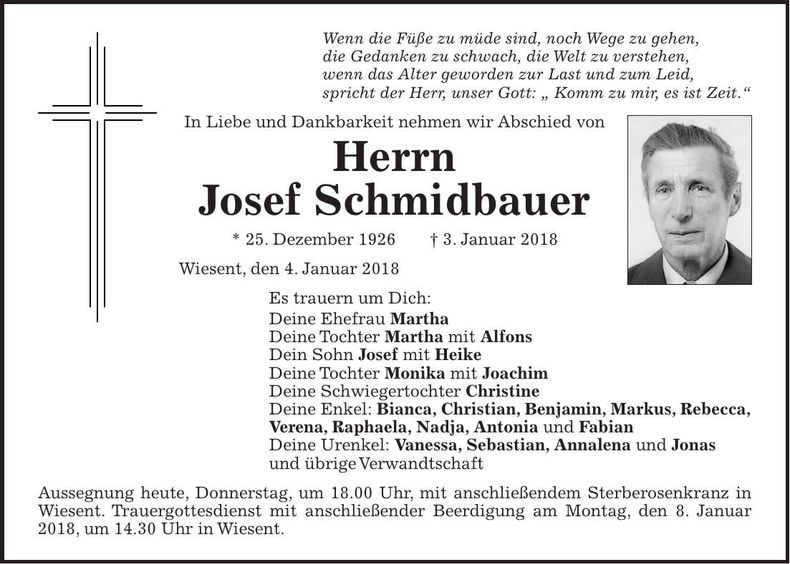 Traueranzeige Josef Schmidbauer