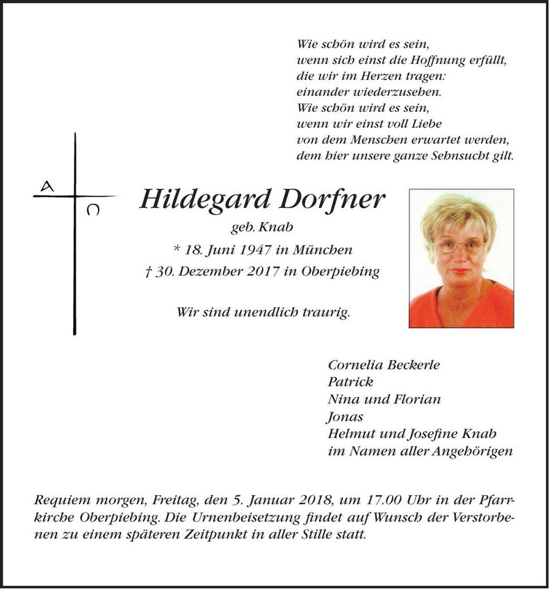 Traueranzeige Hildegard Dorfner