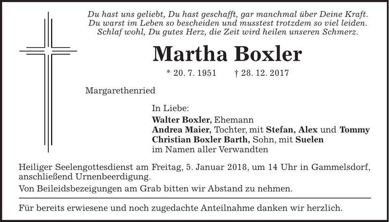 Traueranzeige Martha Boxler