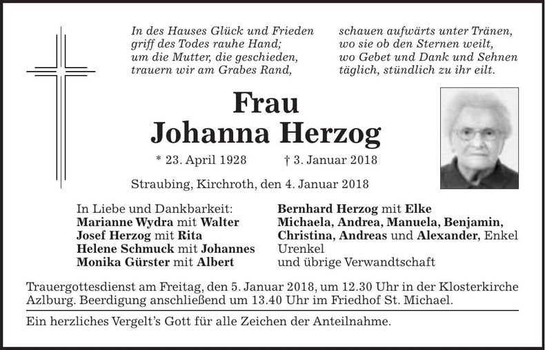 Traueranzeige Johanna Herzog