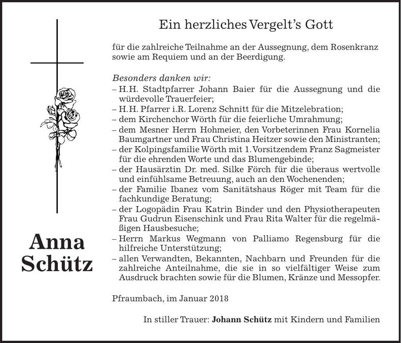 Traueranzeige Anna Schütz