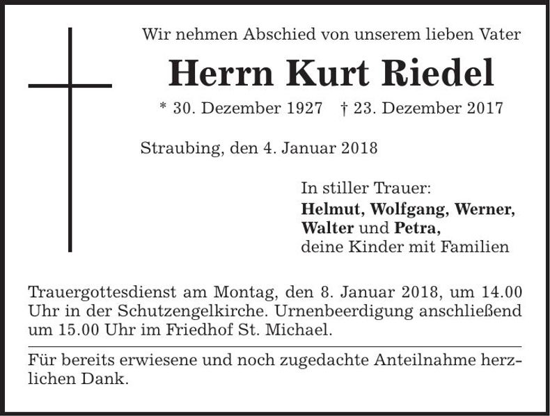 Traueranzeige Kurt Riedel