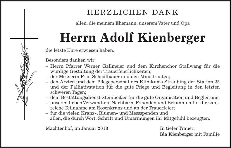 Traueranzeige Adolf Kienberger