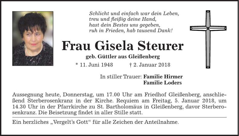 Traueranzeige Gisela Steurer