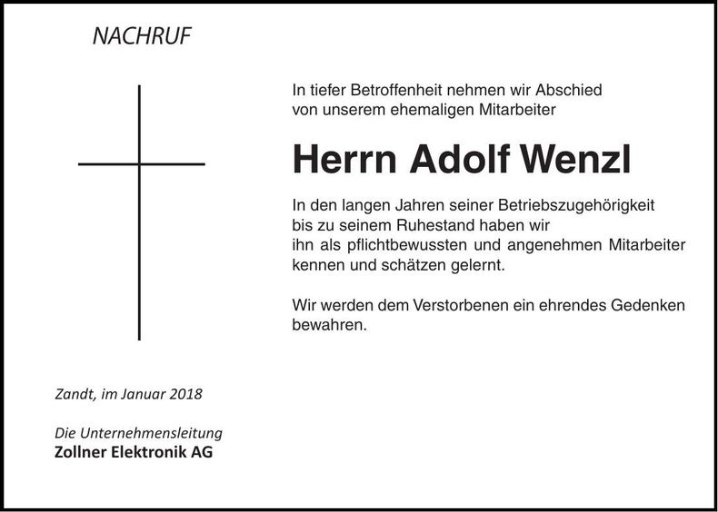 Traueranzeige Adolf Wenzl