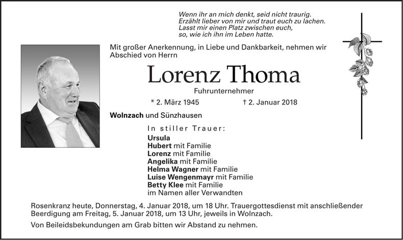 Traueranzeige Lorenz Thoma