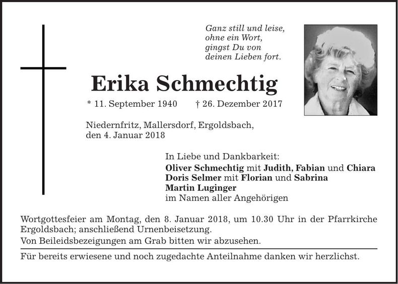Traueranzeige Erika Schmechtig