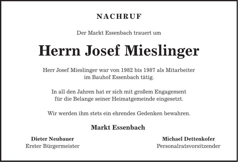 Traueranzeige Josef Mieslinger