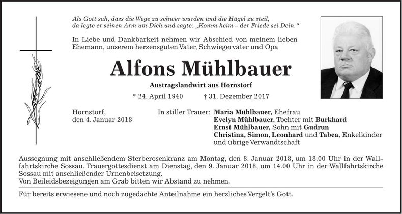 Traueranzeige Alfons Mühlbauer