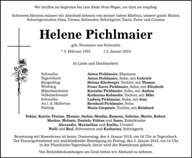 Traueranzeige Helene Pichlmaier