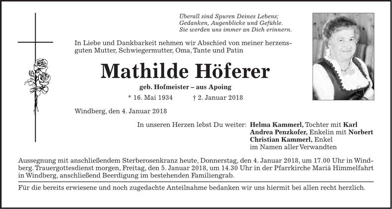 Traueranzeige Mathilde Höferer