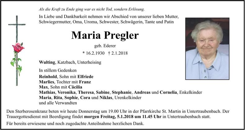 Traueranzeige Maria Pregler