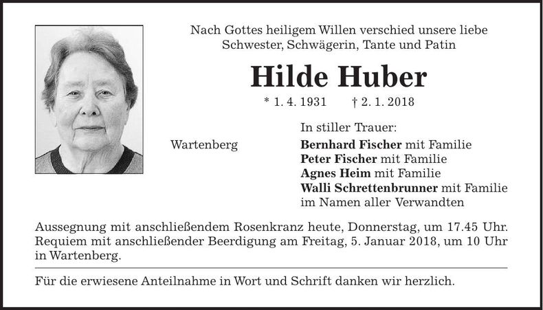 Traueranzeige Hilde Huber