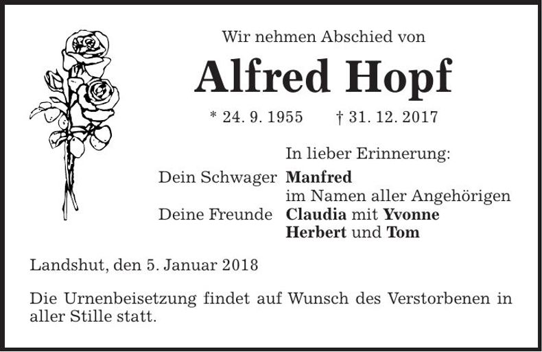 Traueranzeige Alfred Hopf