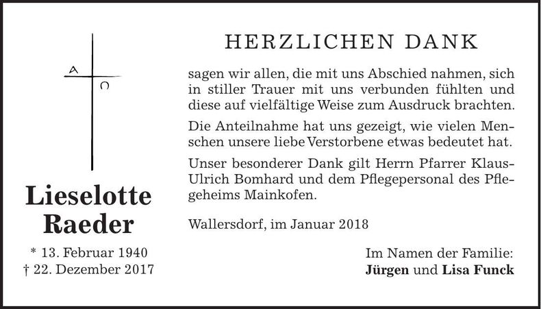 Traueranzeige Lieselotte Raeder
