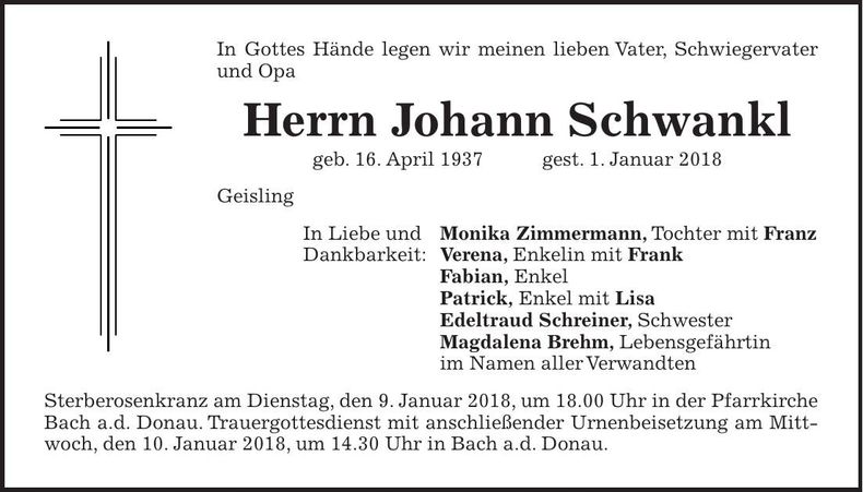 Traueranzeige Johann Schwankl