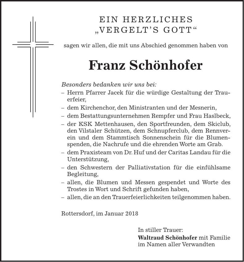 Traueranzeige Franz Schönhofer