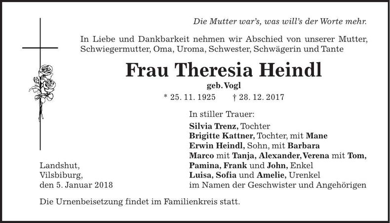 Traueranzeige Thersia Heindl
