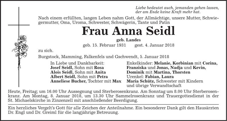 Traueranzeige Anna Seidl