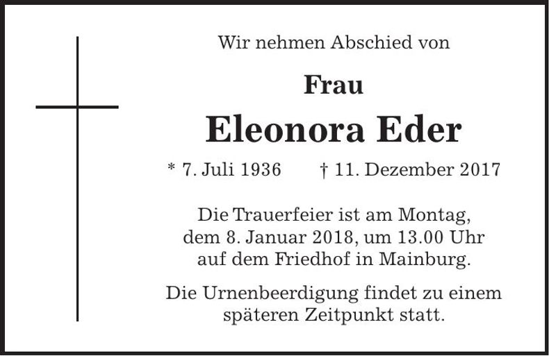 Traueranzeige Eleonora Eder