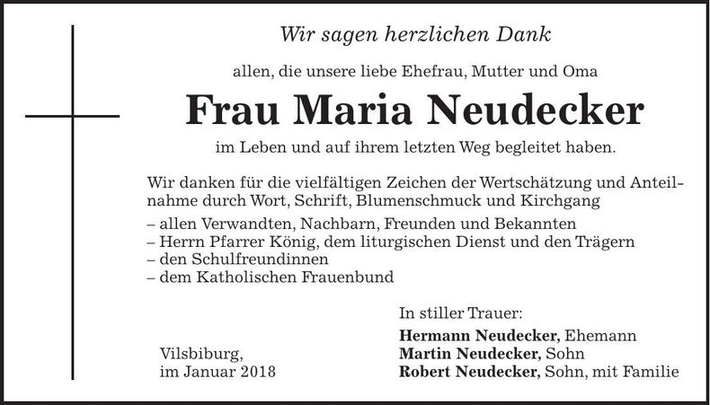 Traueranzeige Maria Neudecker