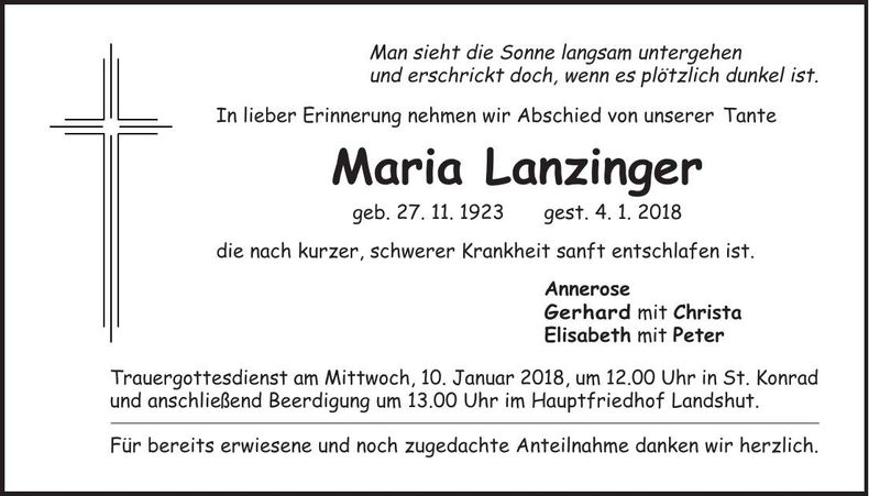 Traueranzeige Maria Lanzinger