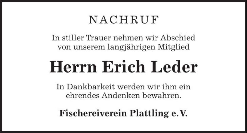 Traueranzeige Erich Leder