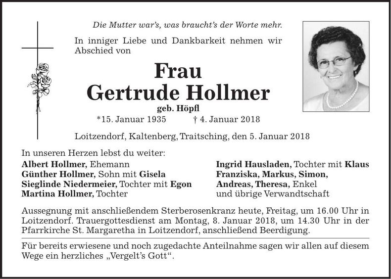 Traueranzeige Gertrude Hollmer