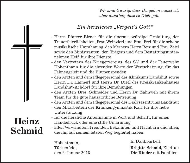 Traueranzeige Heinz Schmid