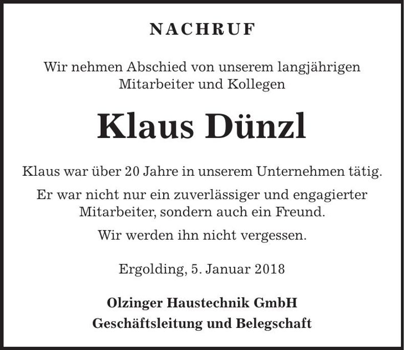 Traueranzeige Klaus Dünzl