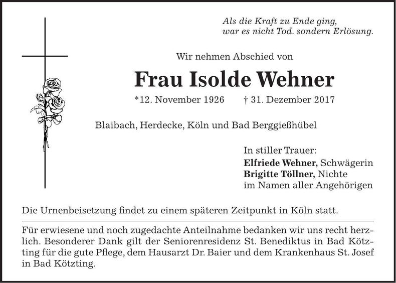 Traueranzeige Isolde Wehner