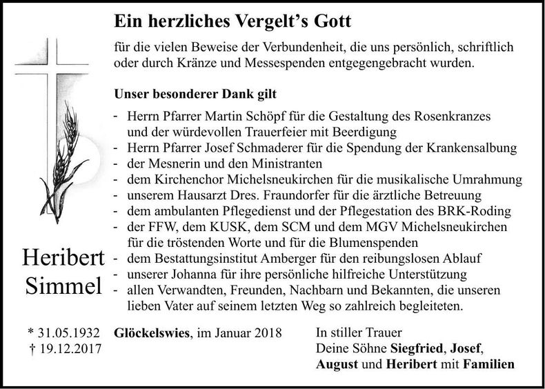 Traueranzeige Heribert Simmel