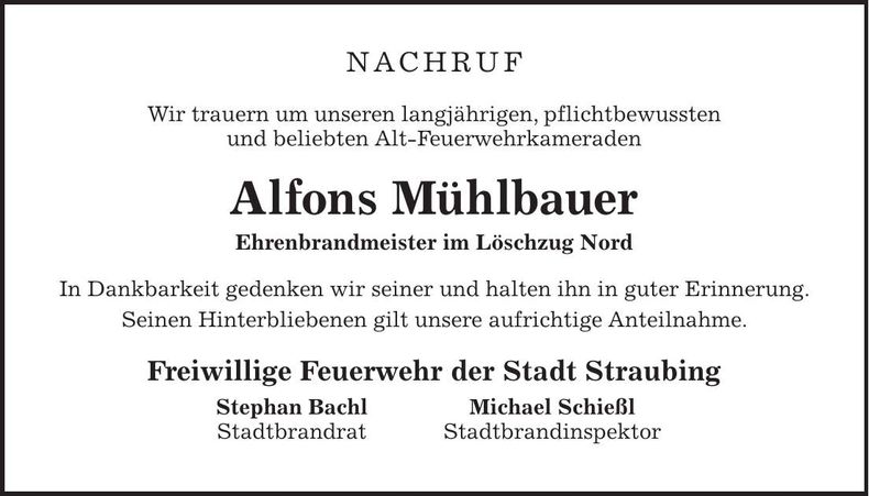 Traueranzeige Alfons Mühlbauer