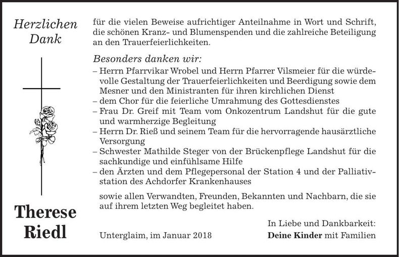 Traueranzeige Therese Riedl