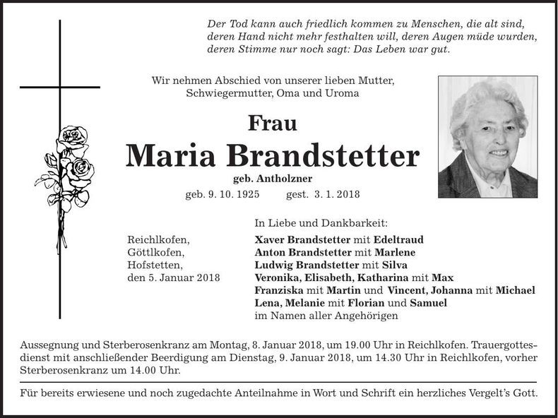 Traueranzeige Maria Brandstetter