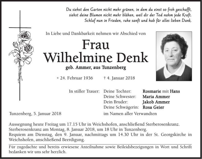 Traueranzeige Wilhelmine Denk