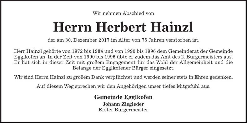 Traueranzeige Herbert Hainzl