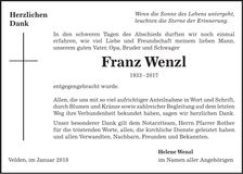 Traueranzeige Franz Wenzl