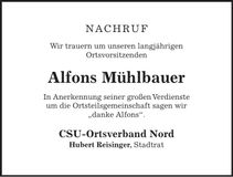 Traueranzeige Alfons Mühlbauer