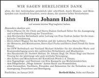 Traueranzeige Johann Hahn