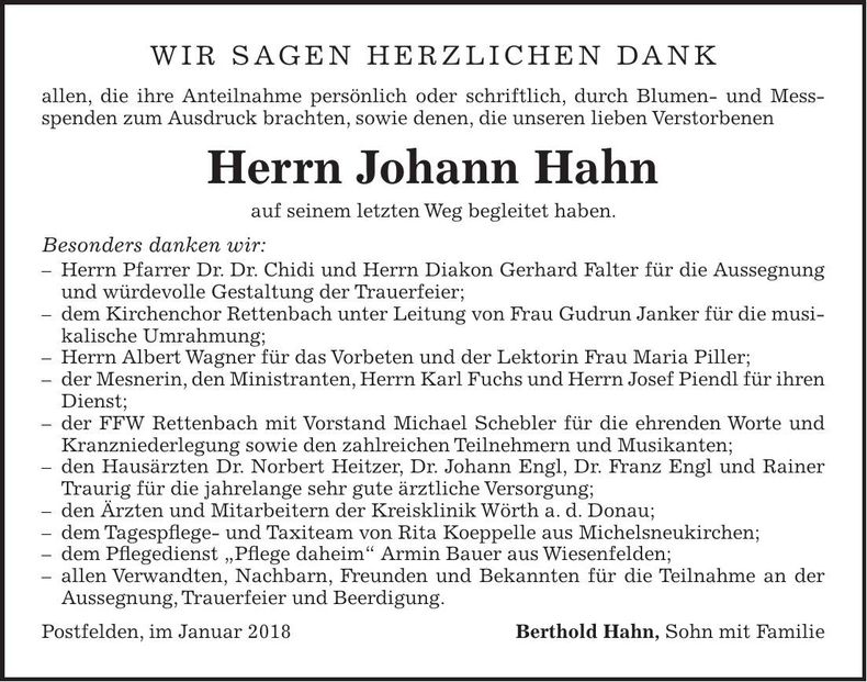 Traueranzeige Johann Hahn