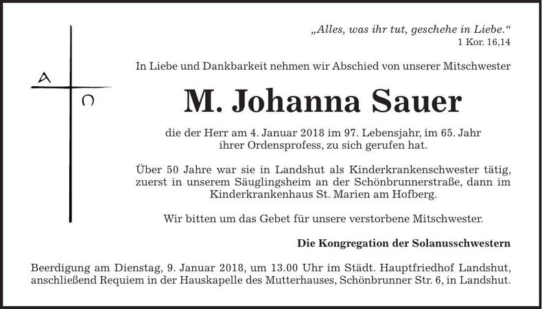 Traueranzeige M. Johanna Sauer