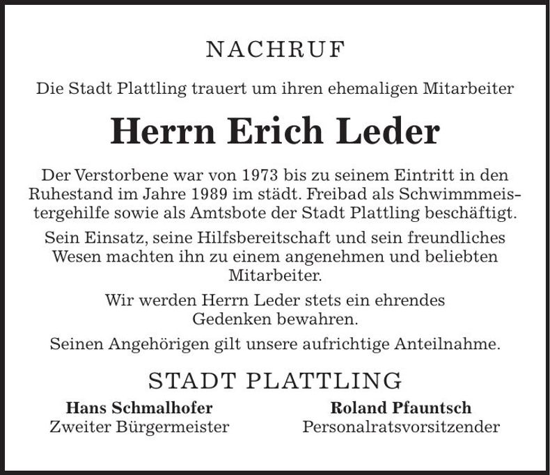 Traueranzeige Erich Leder