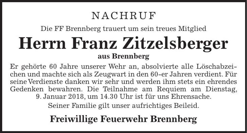 Traueranzeige Franz Zitzelsberger
