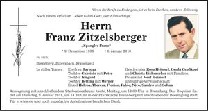 Traueranzeige Franz Zitzelsberger