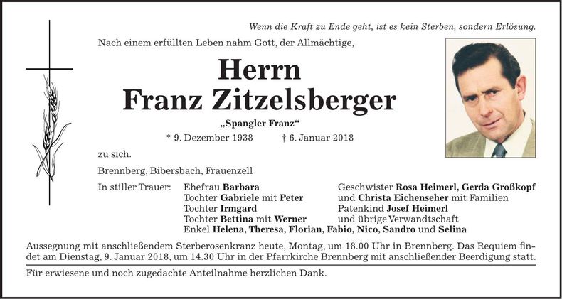 Traueranzeige Franz Zitzelsberger